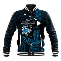 Personalised Hawaii King Kamehameha Day Baseball Jacket Plumeria With Kakau Pattern - Blue