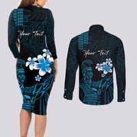 Personalised Hawaii King Kamehameha Day Couples Matching Long Sleeve Bodycon Dress and Long Sleeve Button Shirt Plumeria With Kakau Pattern - Blue