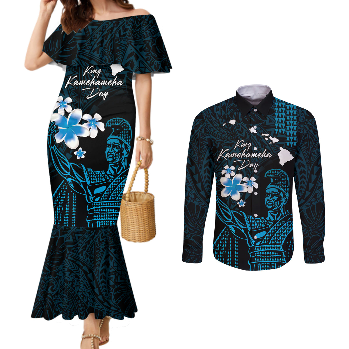 Personalised Hawaii King Kamehameha Day Couples Matching Mermaid Dress and Long Sleeve Button Shirt Plumeria With Kakau Pattern - Blue