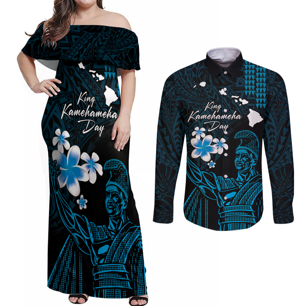 Personalised Hawaii King Kamehameha Day Couples Matching Off Shoulder Maxi Dress and Long Sleeve Button Shirt Plumeria With Kakau Pattern - Blue
