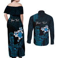 Personalised Hawaii King Kamehameha Day Couples Matching Off Shoulder Maxi Dress and Long Sleeve Button Shirt Plumeria With Kakau Pattern - Blue