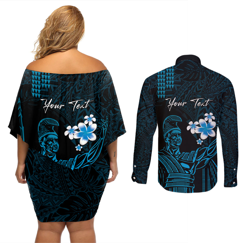Personalised Hawaii King Kamehameha Day Couples Matching Off Shoulder Short Dress and Long Sleeve Button Shirt Plumeria With Kakau Pattern - Blue