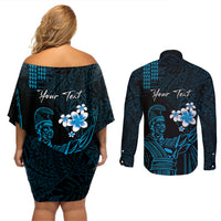 Personalised Hawaii King Kamehameha Day Couples Matching Off Shoulder Short Dress and Long Sleeve Button Shirt Plumeria With Kakau Pattern - Blue