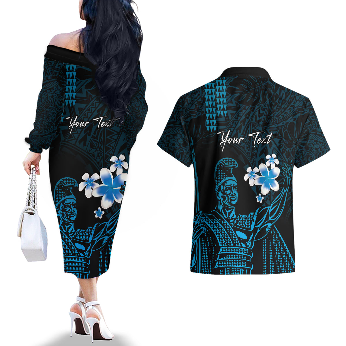 Personalised Hawaii King Kamehameha Day Couples Matching Off The Shoulder Long Sleeve Dress and Hawaiian Shirt Plumeria With Kakau Pattern - Blue