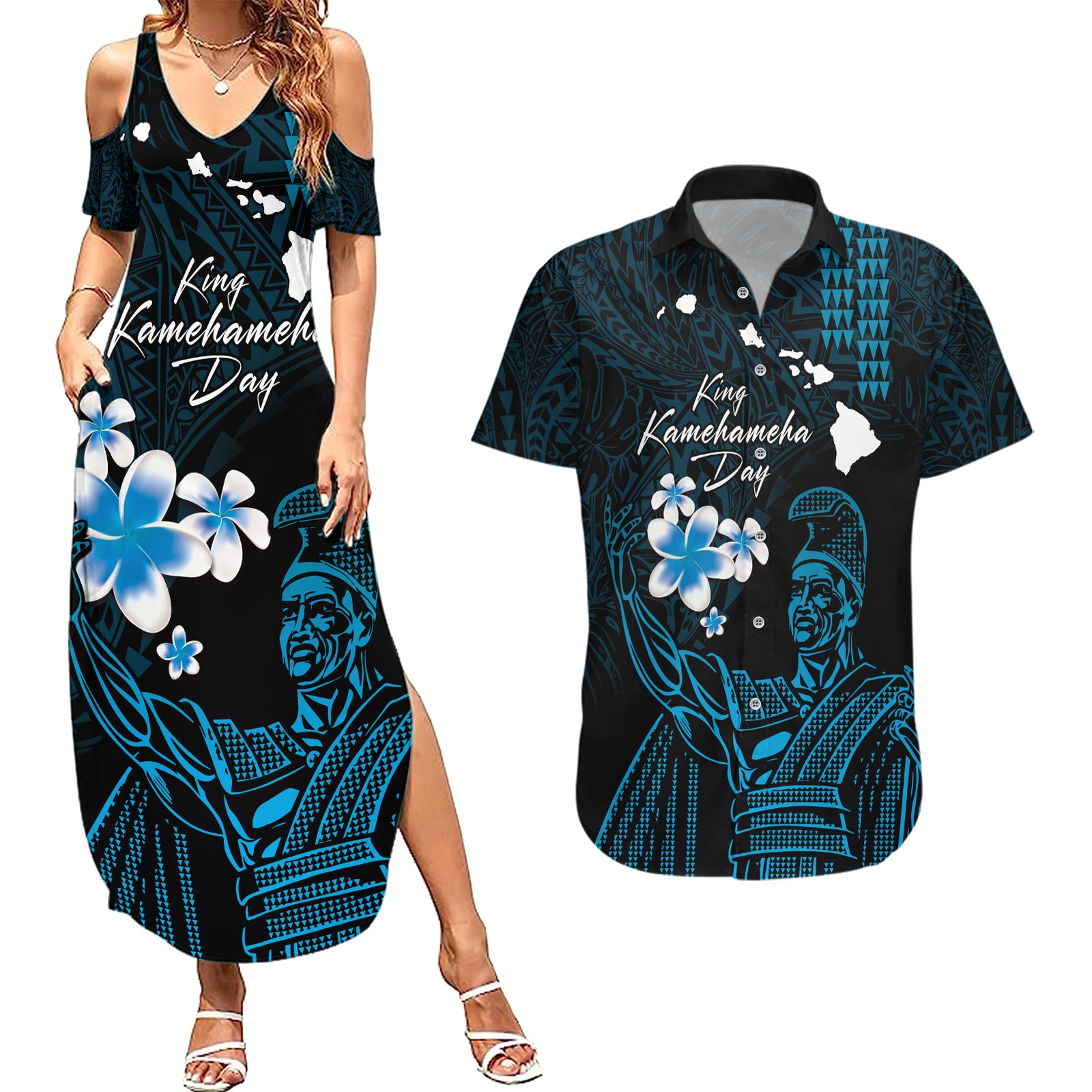 Personalised Hawaii King Kamehameha Day Couples Matching Summer Maxi Dress and Hawaiian Shirt Plumeria With Kakau Pattern - Blue