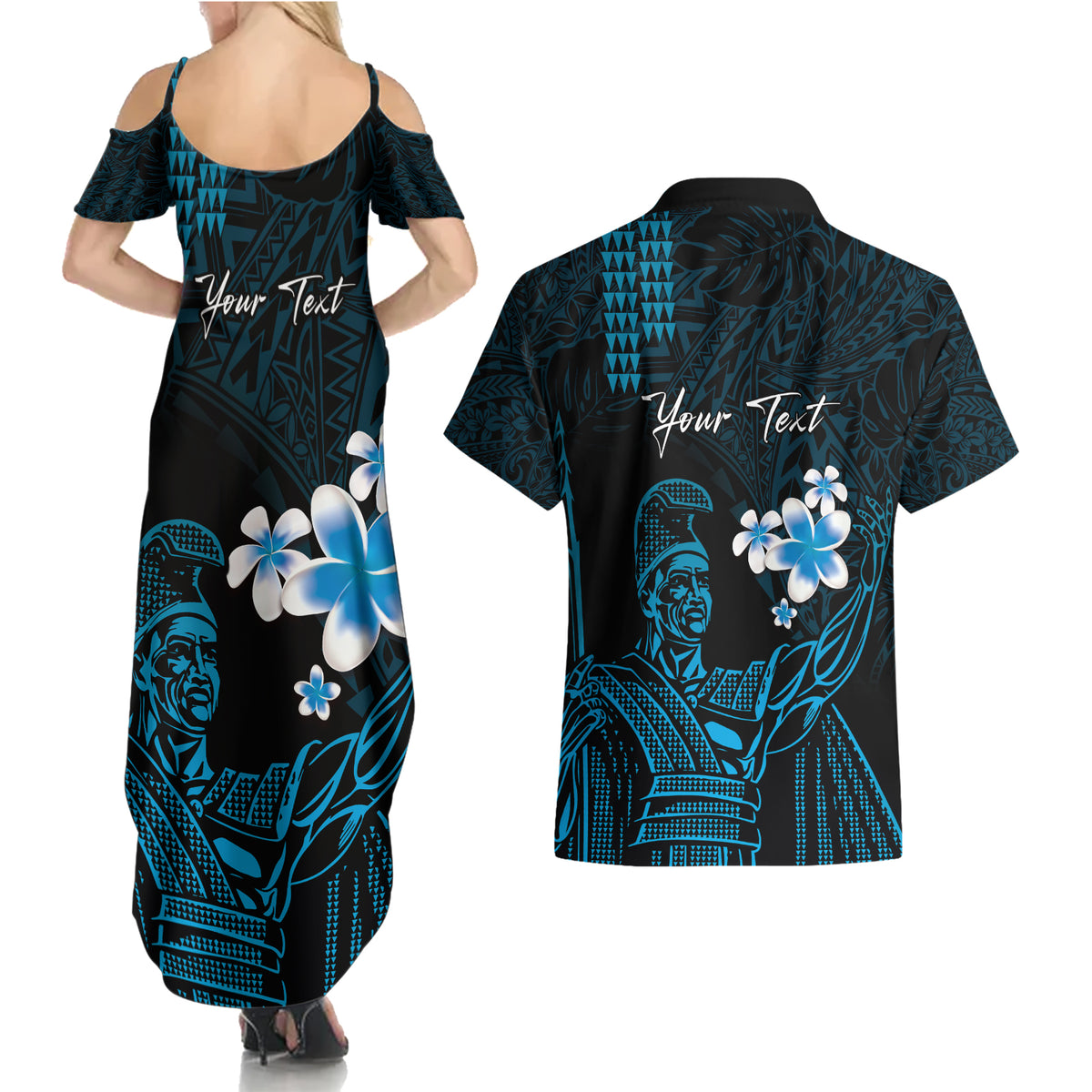Personalised Hawaii King Kamehameha Day Couples Matching Summer Maxi Dress and Hawaiian Shirt Plumeria With Kakau Pattern - Blue