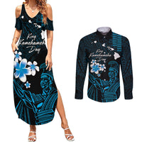 Personalised Hawaii King Kamehameha Day Couples Matching Summer Maxi Dress and Long Sleeve Button Shirt Plumeria With Kakau Pattern - Blue