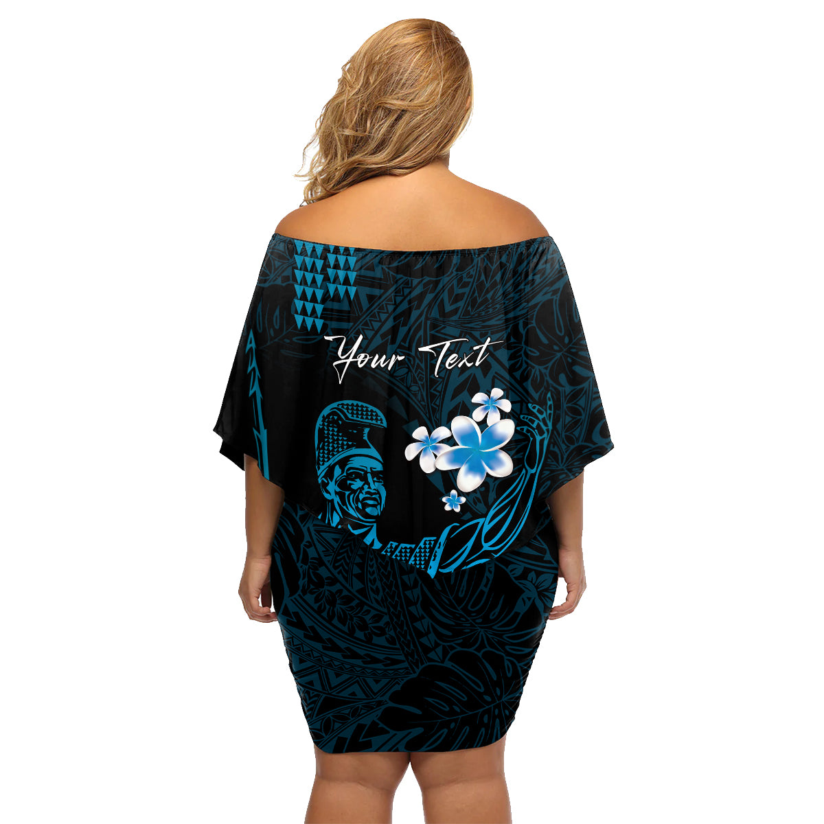 Personalised Hawaii King Kamehameha Day Family Matching Off Shoulder Short Dress and Hawaiian Shirt Plumeria With Kakau Pattern - Blue