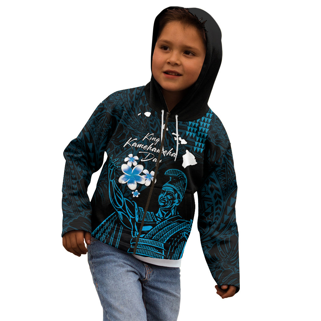 Personalised Hawaii King Kamehameha Day Kid Hoodie Plumeria With Kakau Pattern - Blue