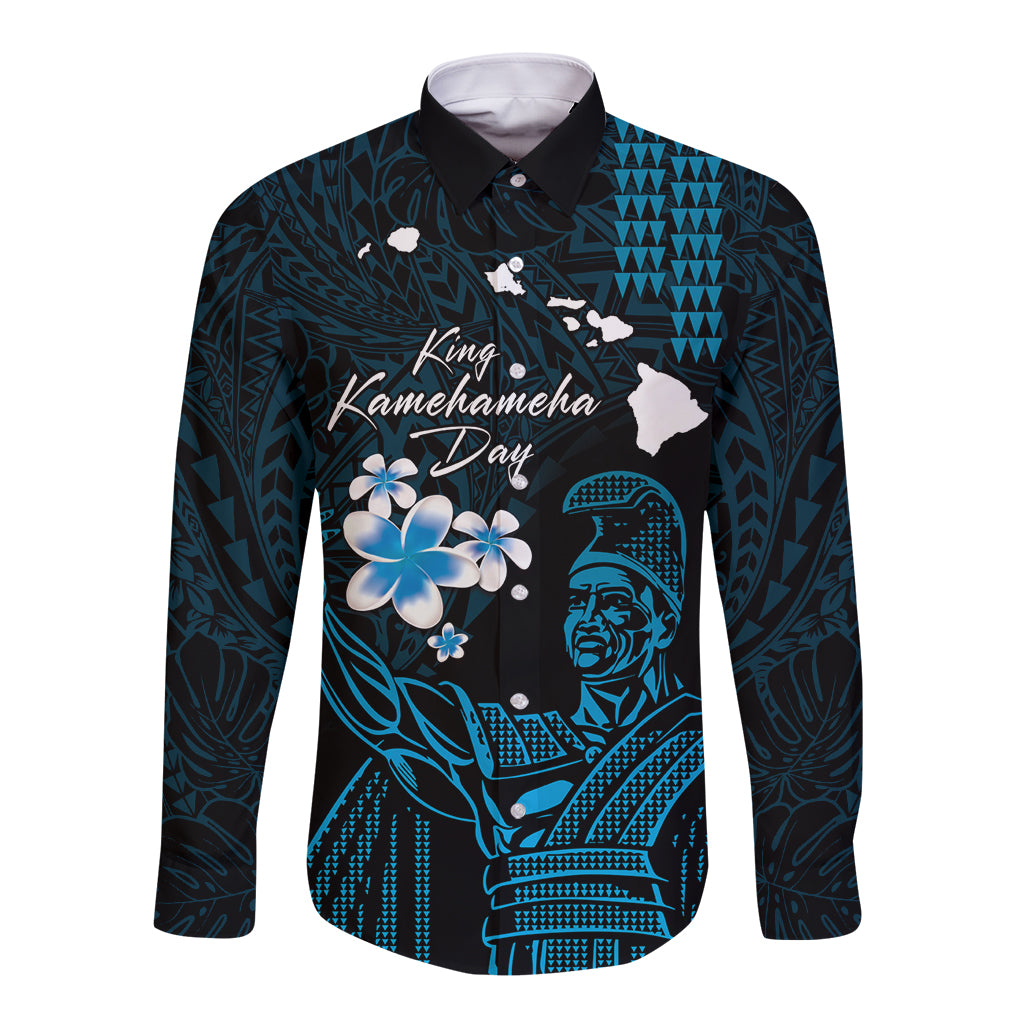 Personalised Hawaii King Kamehameha Day Long Sleeve Button Shirt Plumeria With Kakau Pattern - Blue