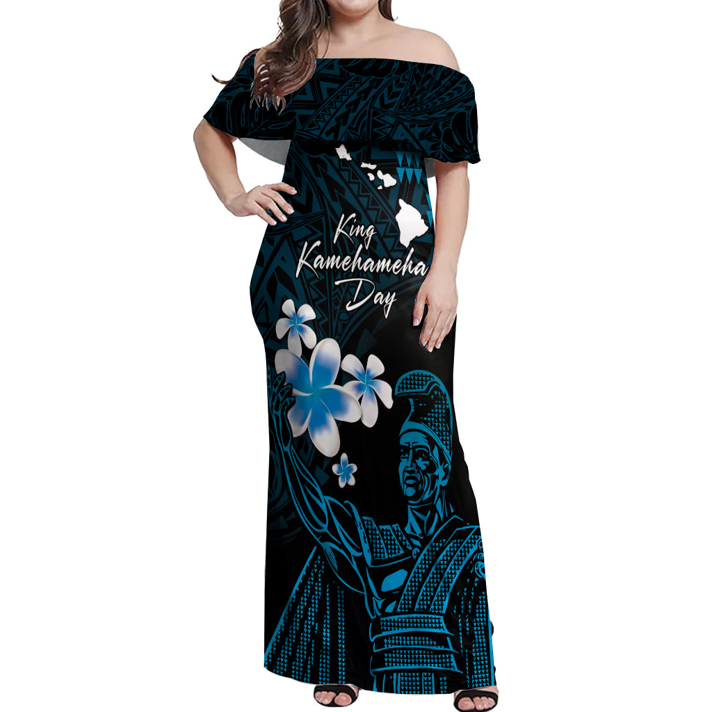 Personalised Hawaii King Kamehameha Day Off Shoulder Maxi Dress Plumeria With Kakau Pattern - Blue