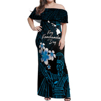 Personalised Hawaii King Kamehameha Day Off Shoulder Maxi Dress Plumeria With Kakau Pattern - Blue
