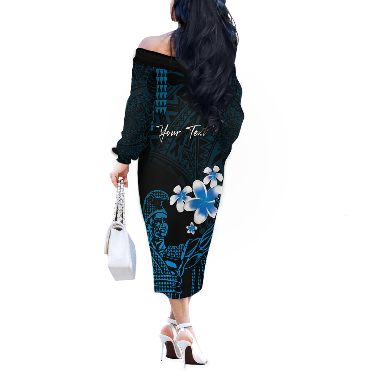 Personalised Hawaii King Kamehameha Day Off The Shoulder Long Sleeve Dress Plumeria With Kakau Pattern - Blue