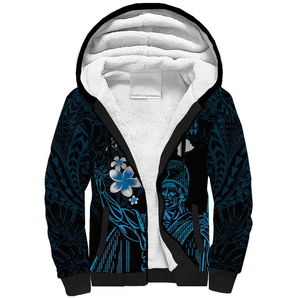 Personalised Hawaii King Kamehameha Day Sherpa Hoodie Plumeria With Kakau Pattern - Blue