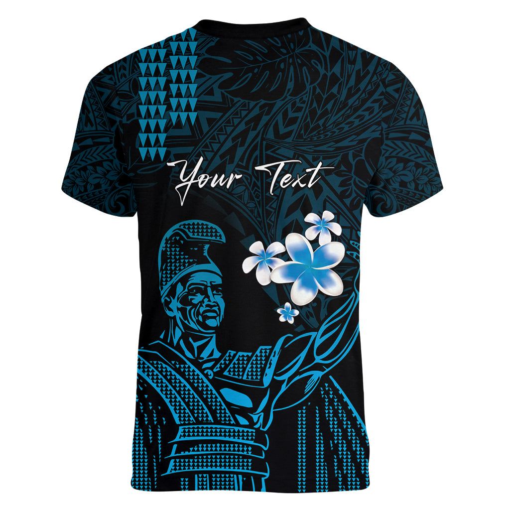 Personalised Hawaii King Kamehameha Day Women V Neck T Shirt Plumeria With Kakau Pattern - Blue