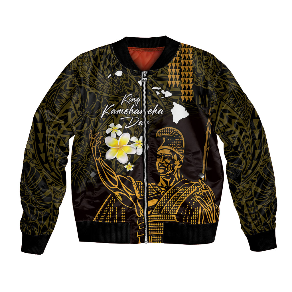 Personalised Hawaii King Kamehameha Day Bomber Jacket Plumeria With Kakau Pattern - Gold