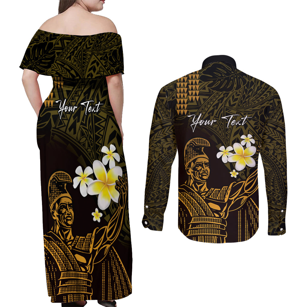 Personalised Hawaii King Kamehameha Day Couples Matching Off Shoulder Maxi Dress and Long Sleeve Button Shirt Plumeria With Kakau Pattern - Gold