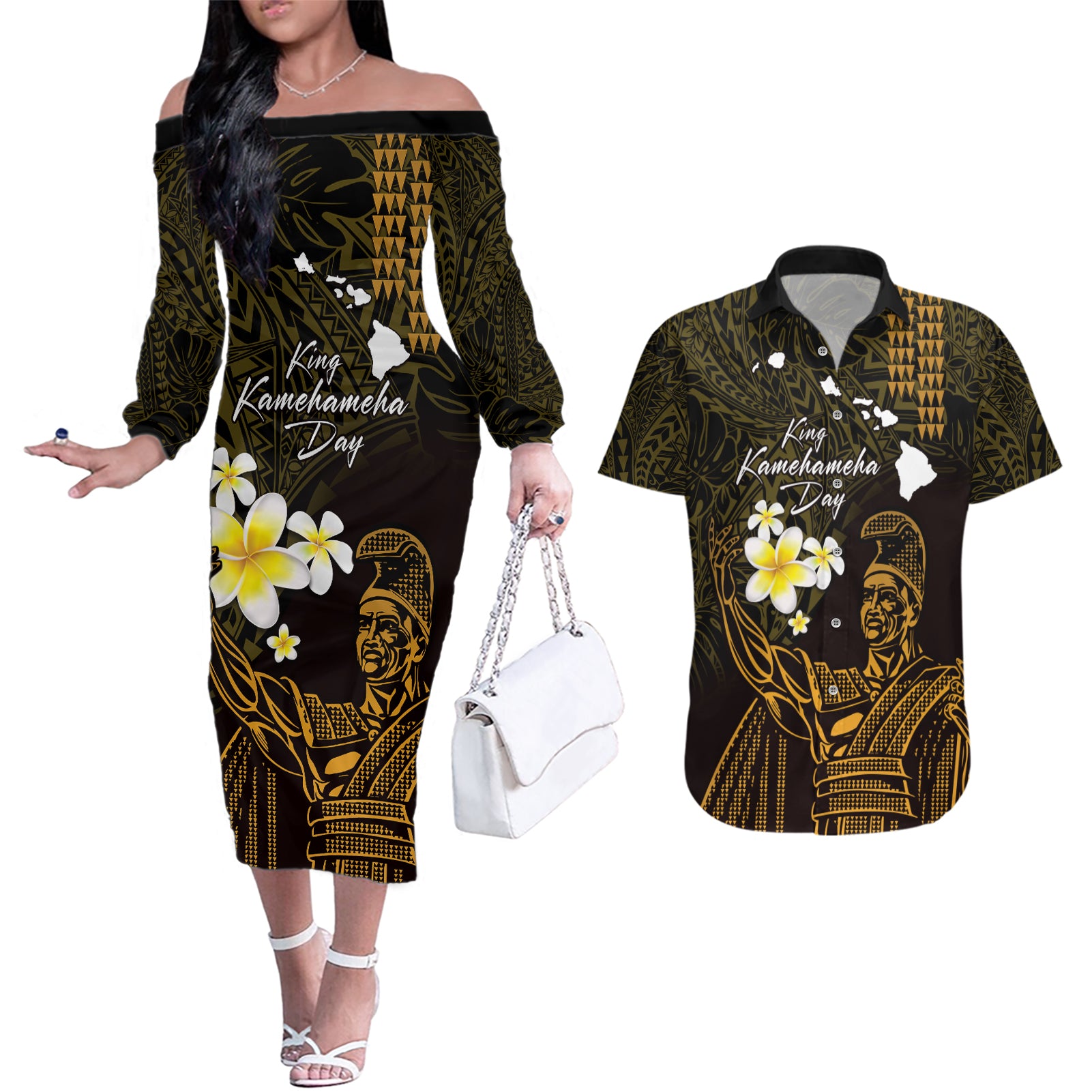 Personalised Hawaii King Kamehameha Day Couples Matching Off The Shoulder Long Sleeve Dress and Hawaiian Shirt Plumeria With Kakau Pattern - Gold