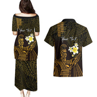 Personalised Hawaii King Kamehameha Day Couples Matching Puletasi and Hawaiian Shirt Plumeria With Kakau Pattern - Gold