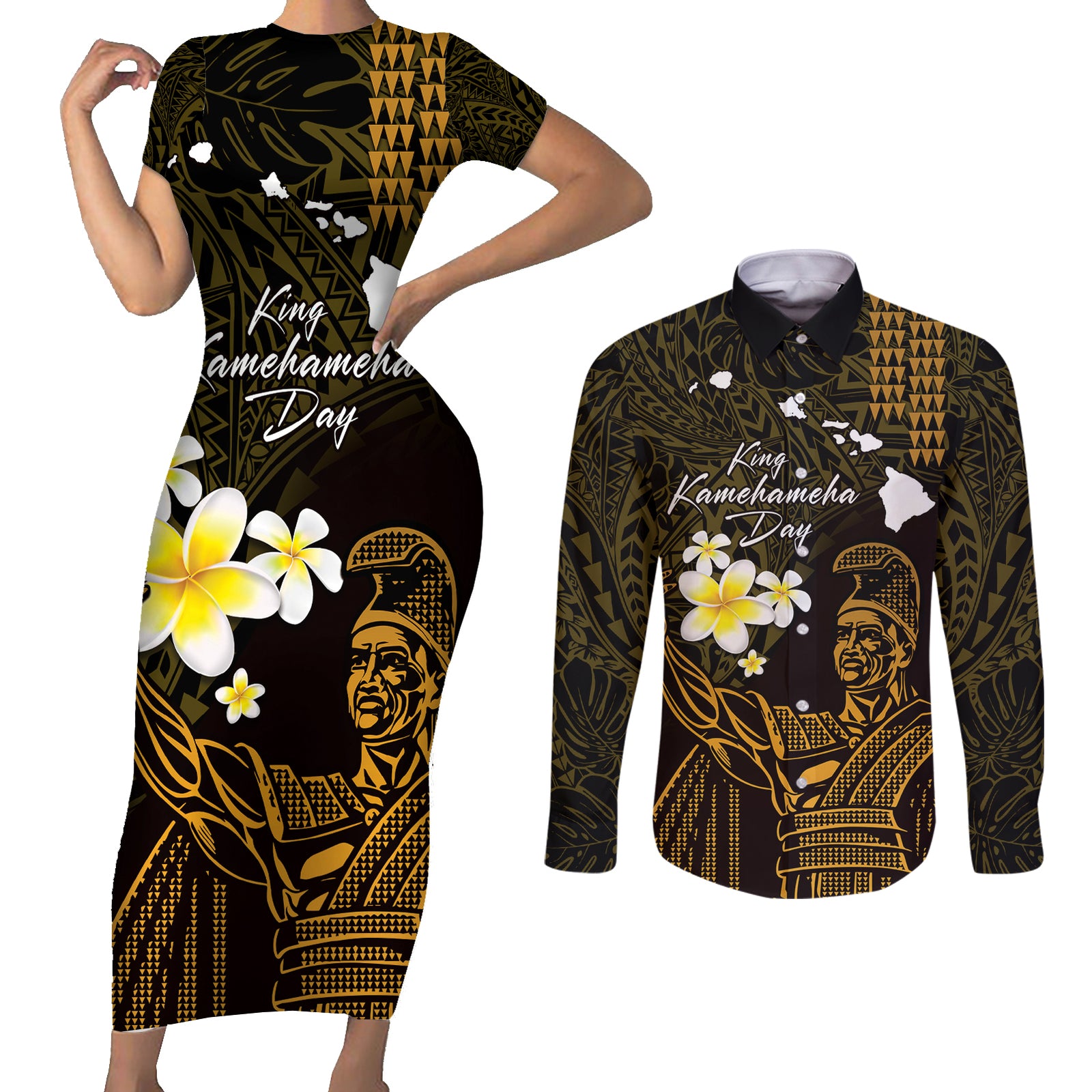 Personalised Hawaii King Kamehameha Day Couples Matching Short Sleeve Bodycon Dress and Long Sleeve Button Shirt Plumeria With Kakau Pattern - Gold