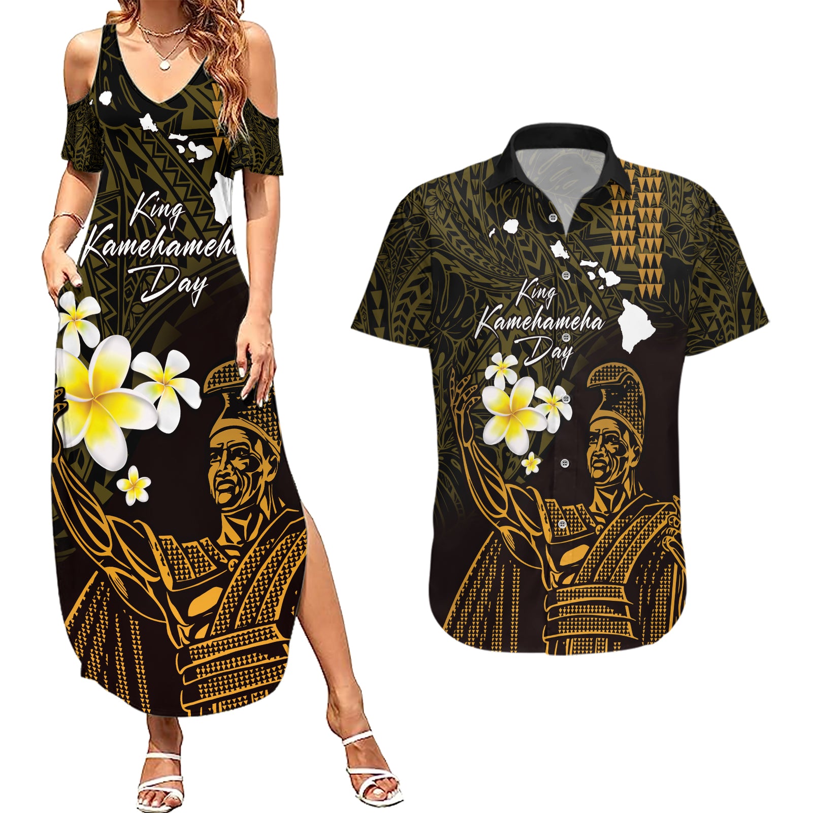 Personalised Hawaii King Kamehameha Day Couples Matching Summer Maxi Dress and Hawaiian Shirt Plumeria With Kakau Pattern - Gold