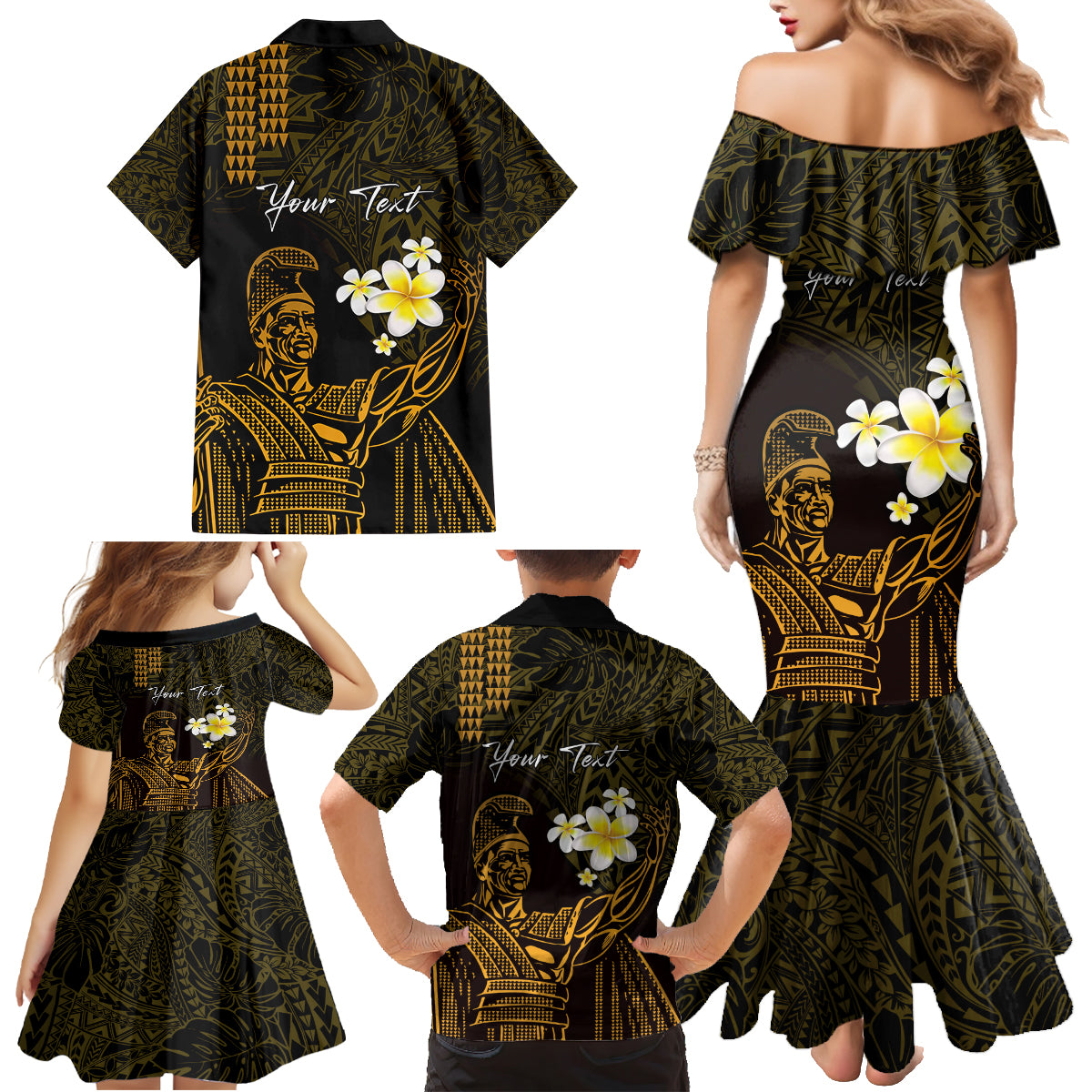 Personalised Hawaii King Kamehameha Day Family Matching Mermaid Dress and Hawaiian Shirt Plumeria With Kakau Pattern - Gold