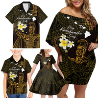 Personalised Hawaii King Kamehameha Day Family Matching Off Shoulder Short Dress and Hawaiian Shirt Plumeria With Kakau Pattern - Gold