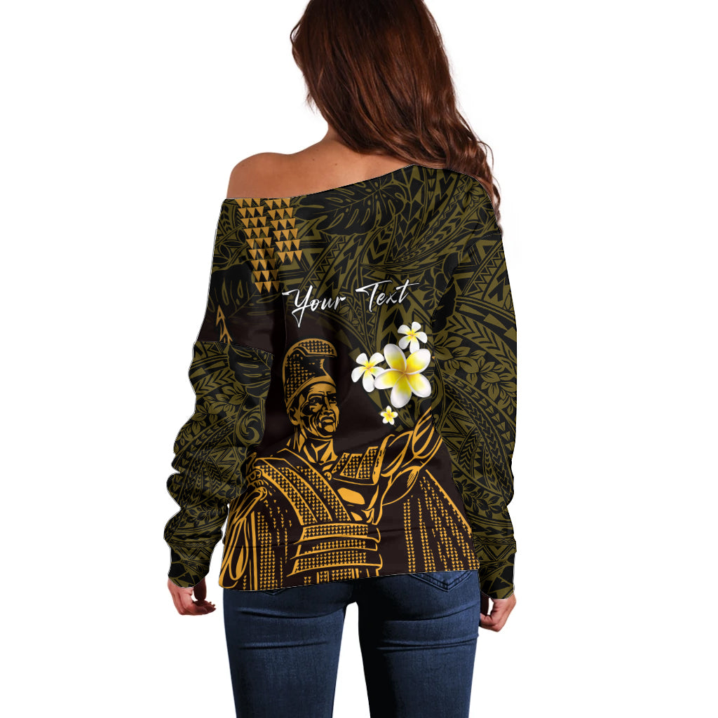 Personalised Hawaii King Kamehameha Day Off Shoulder Sweater Plumeria With Kakau Pattern - Gold