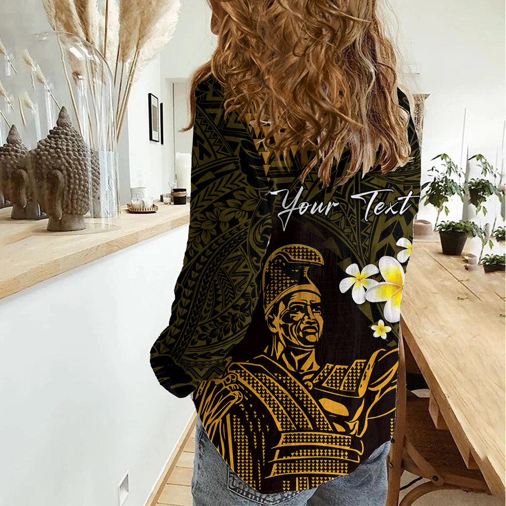 Personalised Hawaii King Kamehameha Day Women Casual Shirt Plumeria With Kakau Pattern - Gold