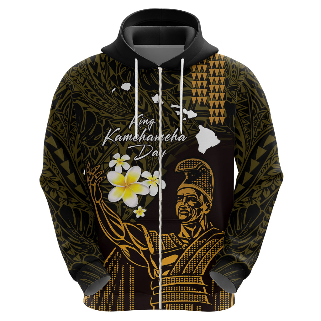 Personalised Hawaii King Kamehameha Day Zip Hoodie Plumeria With Kakau Pattern - Gold