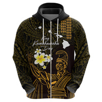 Personalised Hawaii King Kamehameha Day Zip Hoodie Plumeria With Kakau Pattern - Gold
