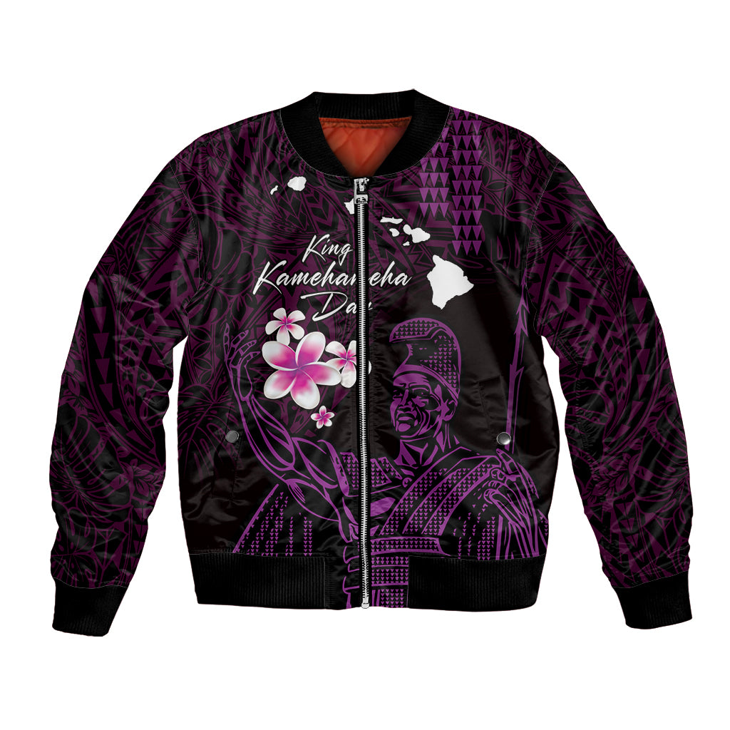 Personalised Hawaii King Kamehameha Day Bomber Jacket Plumeria With Kakau Pattern - Purple