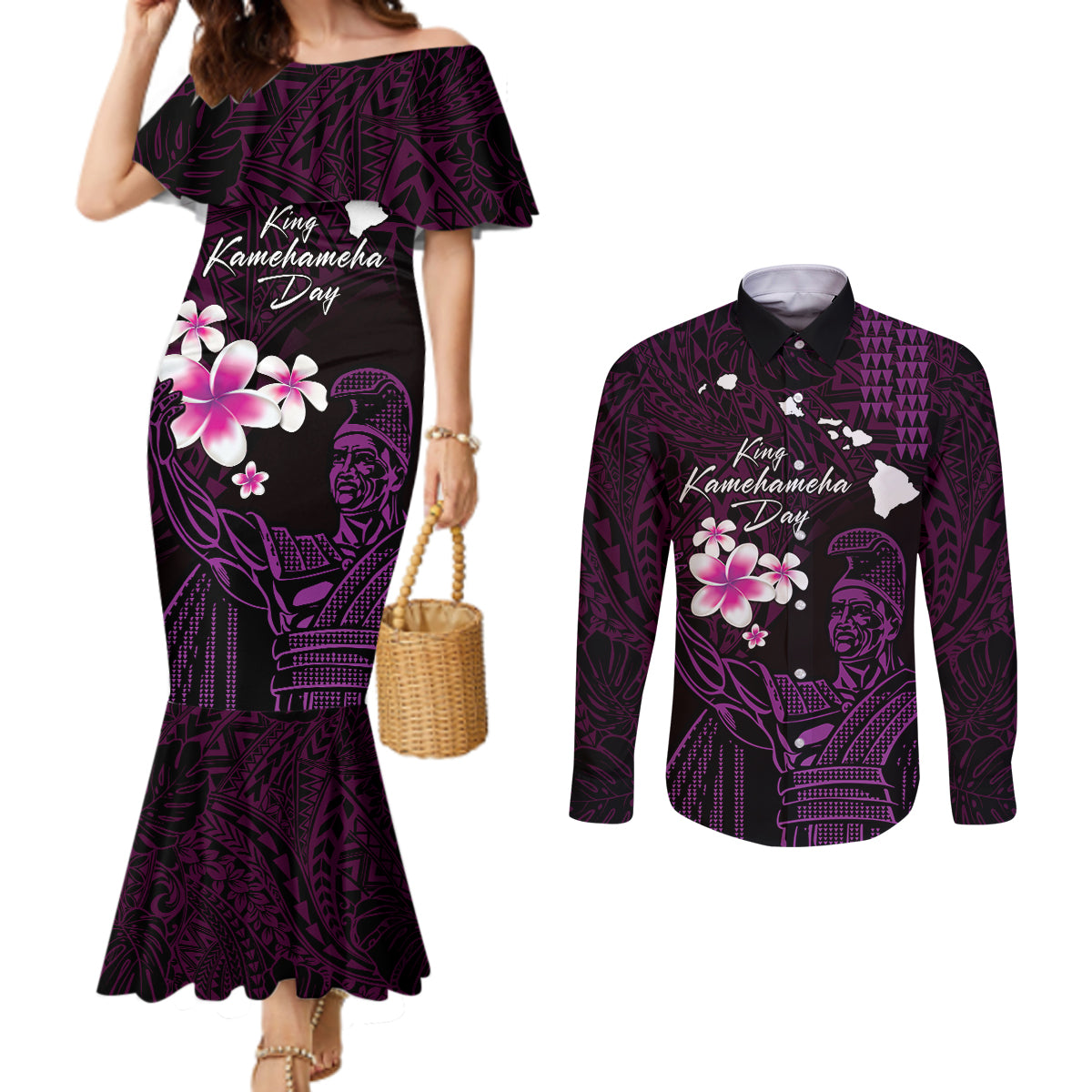 Personalised Hawaii King Kamehameha Day Couples Matching Mermaid Dress and Long Sleeve Button Shirt Plumeria With Kakau Pattern - Purple