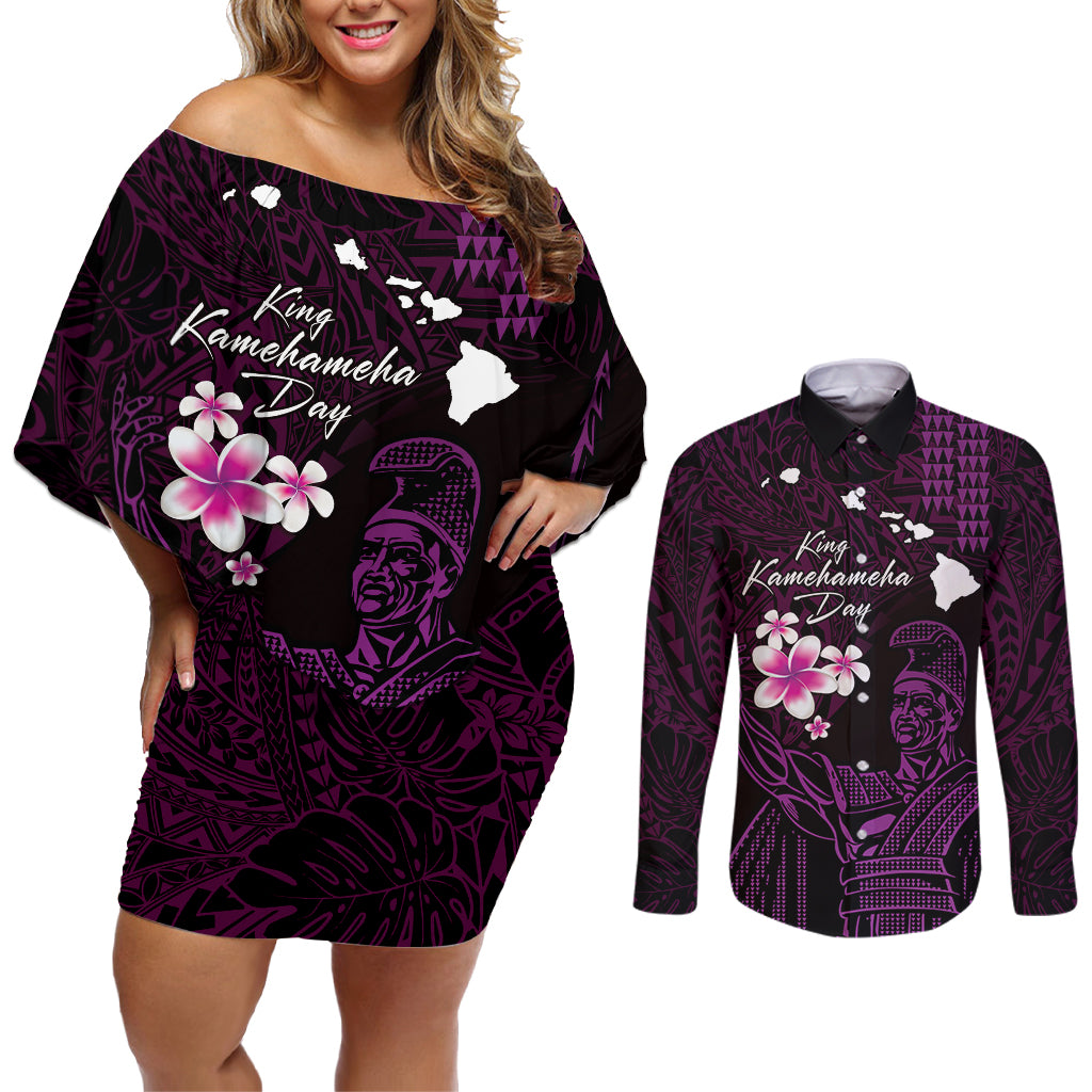 Personalised Hawaii King Kamehameha Day Couples Matching Off Shoulder Short Dress and Long Sleeve Button Shirt Plumeria With Kakau Pattern - Purple