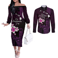 Personalised Hawaii King Kamehameha Day Couples Matching Off The Shoulder Long Sleeve Dress and Long Sleeve Button Shirt Plumeria With Kakau Pattern - Purple