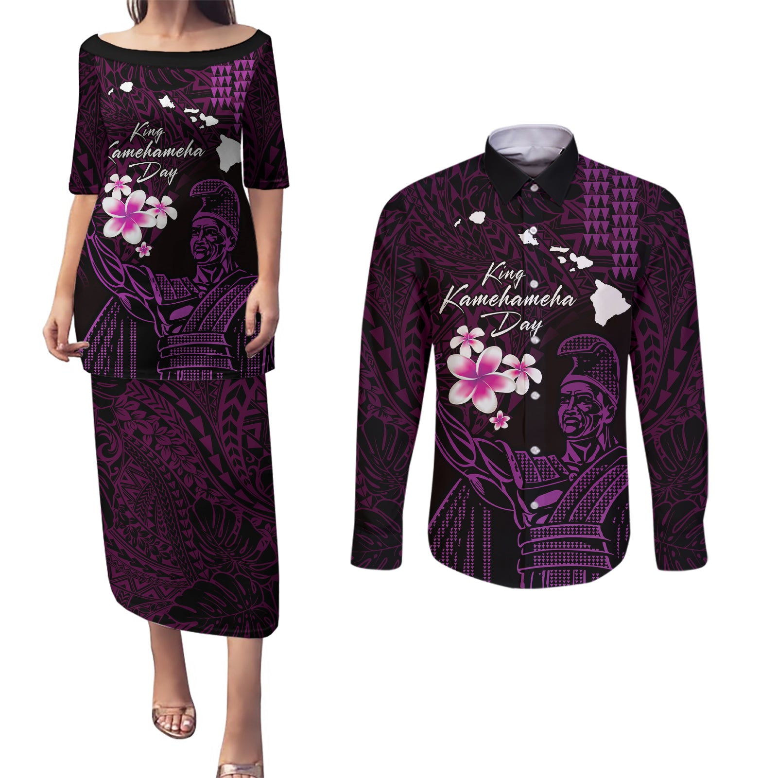 Personalised Hawaii King Kamehameha Day Couples Matching Puletasi and Long Sleeve Button Shirt Plumeria With Kakau Pattern - Purple
