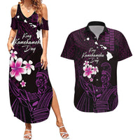 Personalised Hawaii King Kamehameha Day Couples Matching Summer Maxi Dress and Hawaiian Shirt Plumeria With Kakau Pattern - Purple