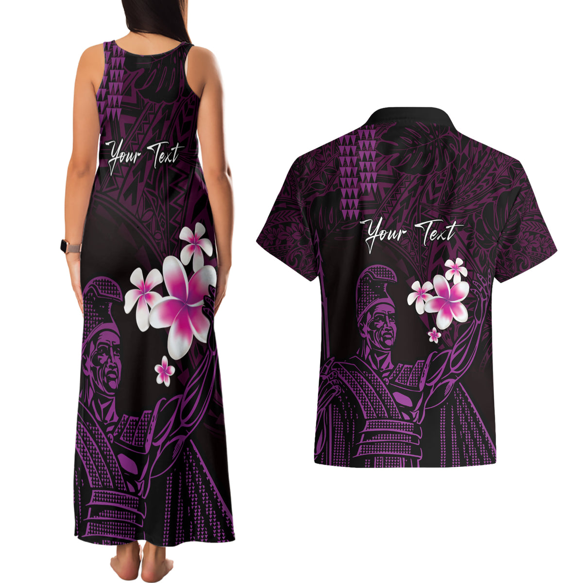 Personalised Hawaii King Kamehameha Day Couples Matching Tank Maxi Dress and Hawaiian Shirt Plumeria With Kakau Pattern - Purple