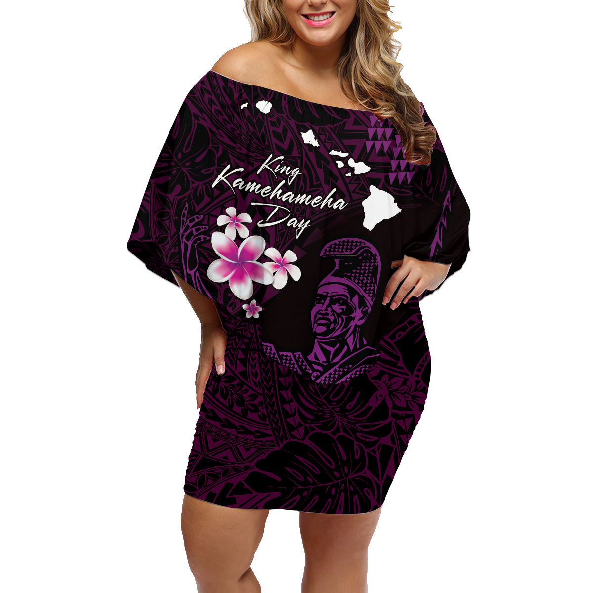 Personalised Hawaii King Kamehameha Day Family Matching Off Shoulder Short Dress and Hawaiian Shirt Plumeria With Kakau Pattern - Purple