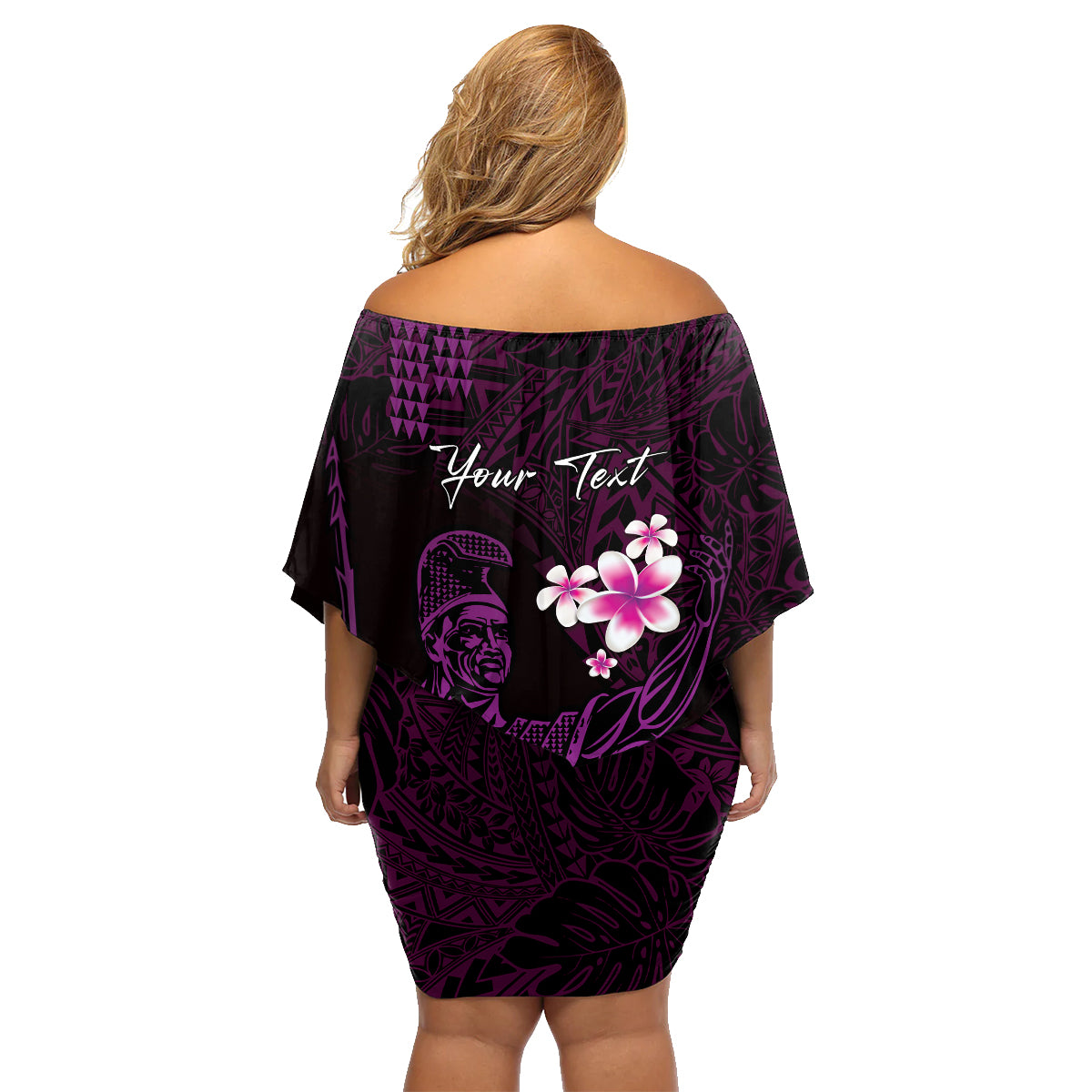 Personalised Hawaii King Kamehameha Day Family Matching Off Shoulder Short Dress and Hawaiian Shirt Plumeria With Kakau Pattern - Purple
