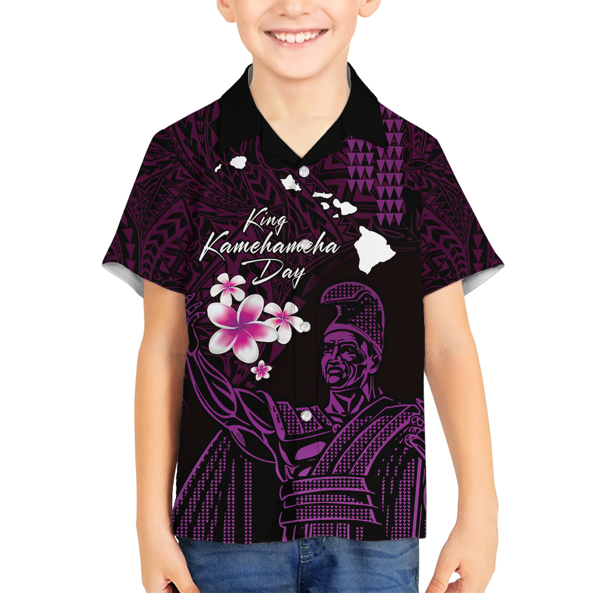 Personalised Hawaii King Kamehameha Day Family Matching Off Shoulder Short Dress and Hawaiian Shirt Plumeria With Kakau Pattern - Purple