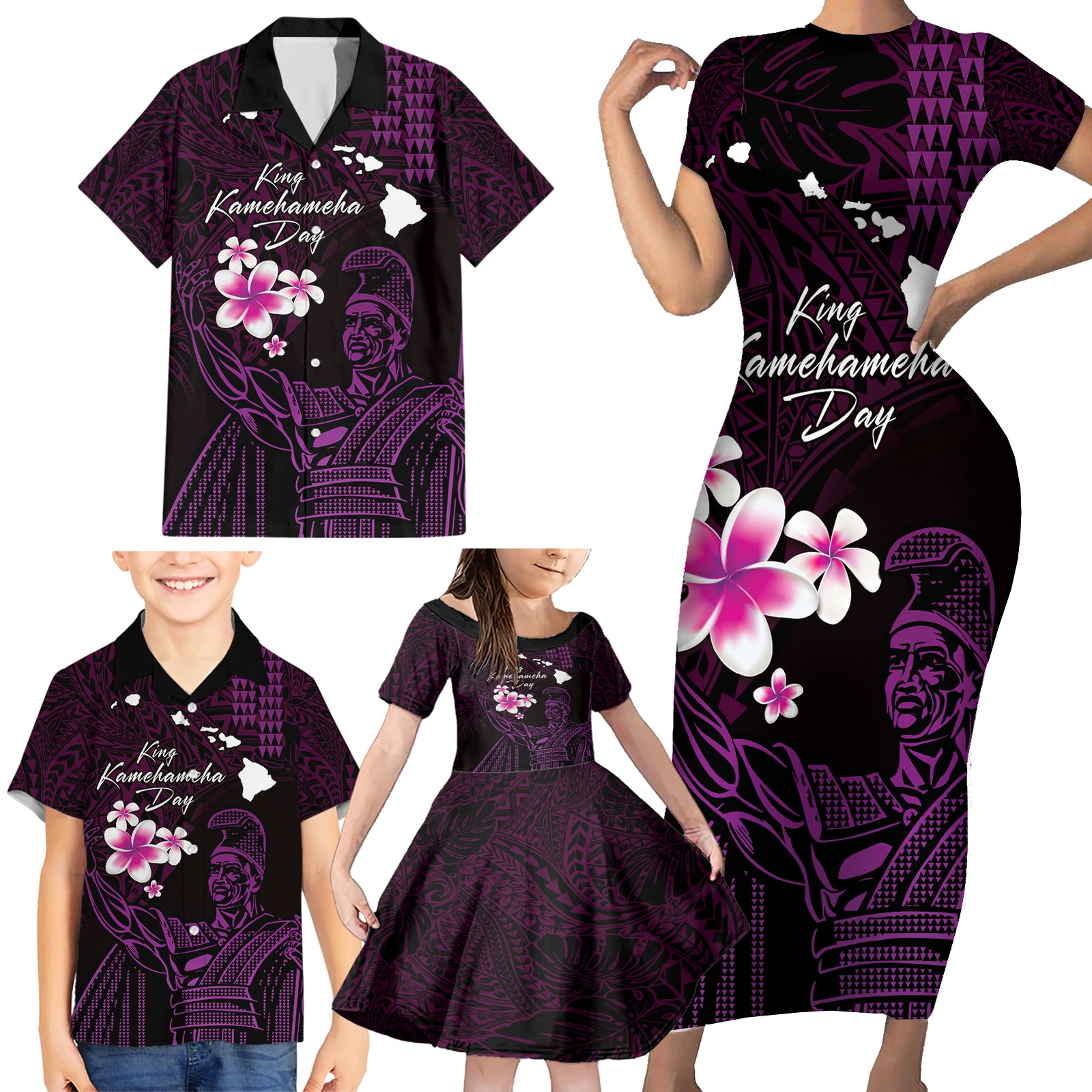 Personalised Hawaii King Kamehameha Day Family Matching Short Sleeve Bodycon Dress and Hawaiian Shirt Plumeria With Kakau Pattern - Purple