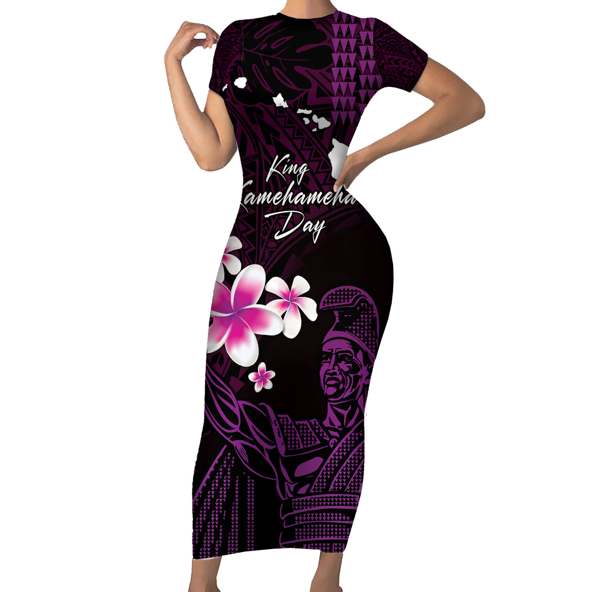 Personalised Hawaii King Kamehameha Day Family Matching Short Sleeve Bodycon Dress and Hawaiian Shirt Plumeria With Kakau Pattern - Purple