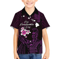 Personalised Hawaii King Kamehameha Day Kid Hawaiian Shirt Plumeria With Kakau Pattern - Purple