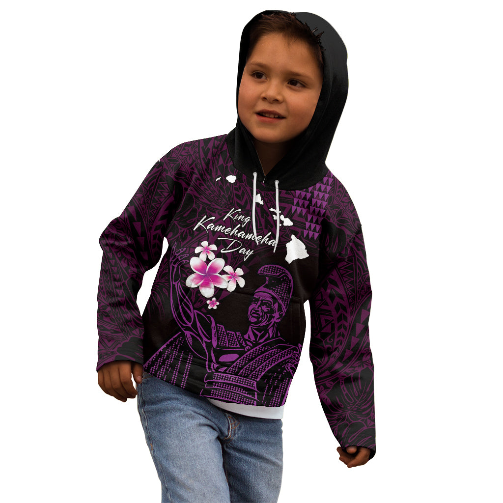 Personalised Hawaii King Kamehameha Day Kid Hoodie Plumeria With Kakau Pattern - Purple