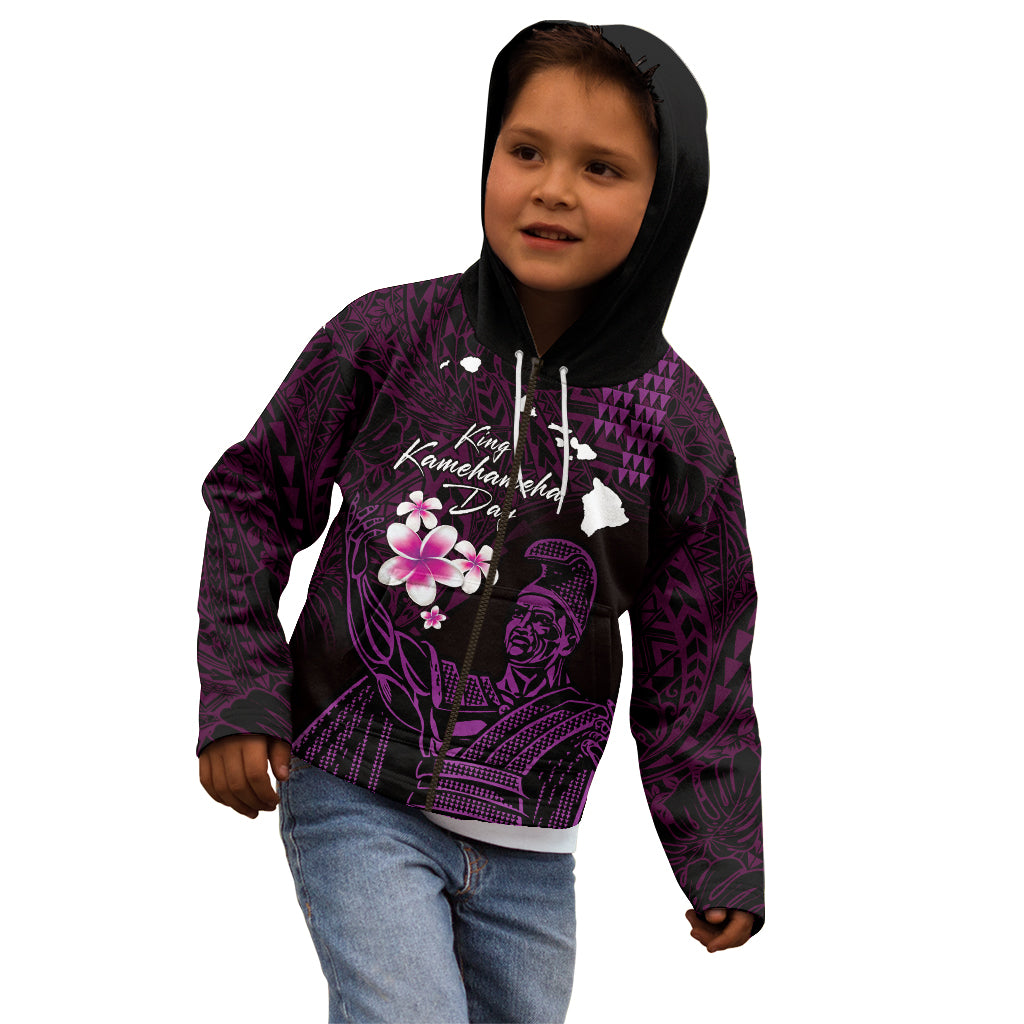 Personalised Hawaii King Kamehameha Day Kid Hoodie Plumeria With Kakau Pattern - Purple