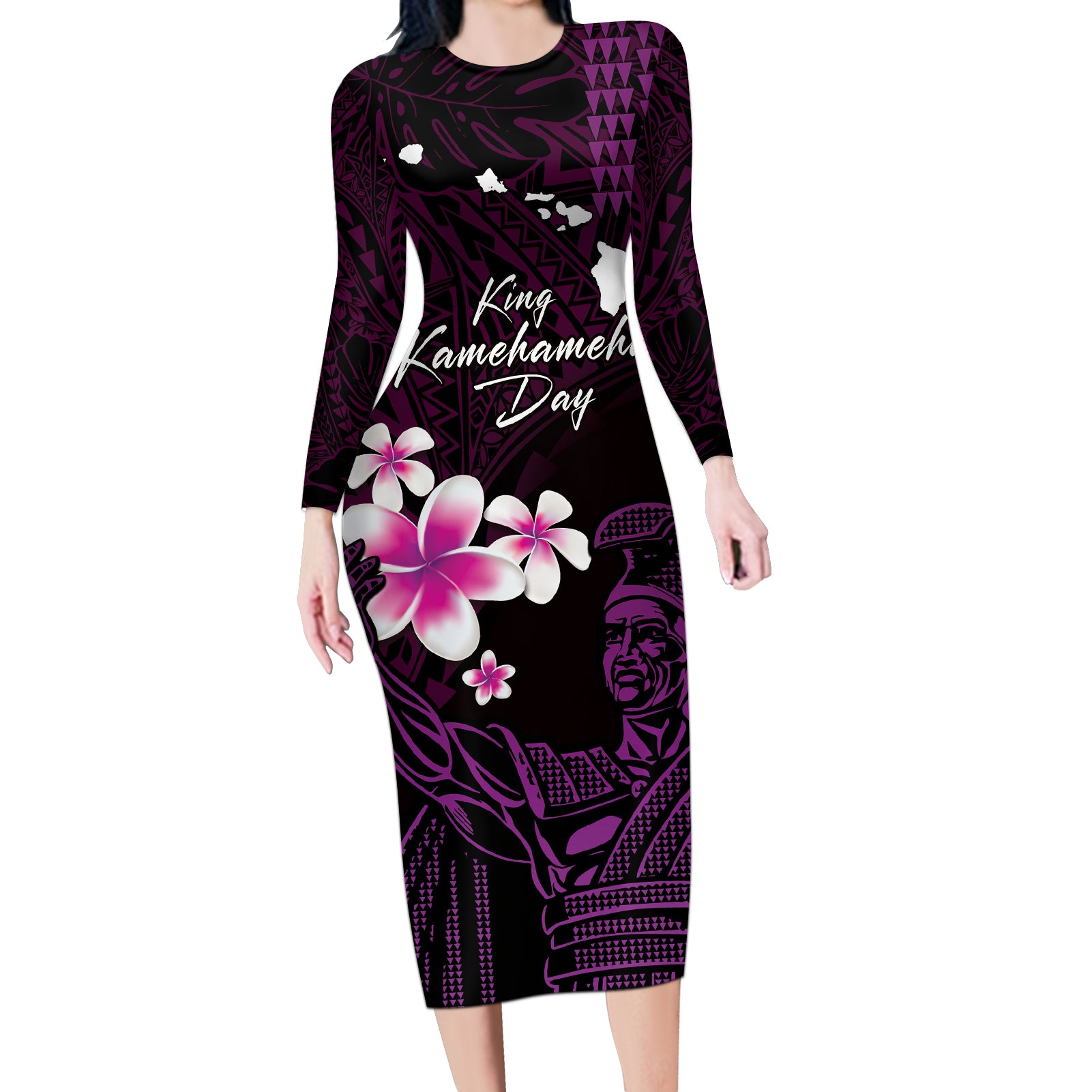 Personalised Hawaii King Kamehameha Day Long Sleeve Bodycon Dress Plumeria With Kakau Pattern - Purple
