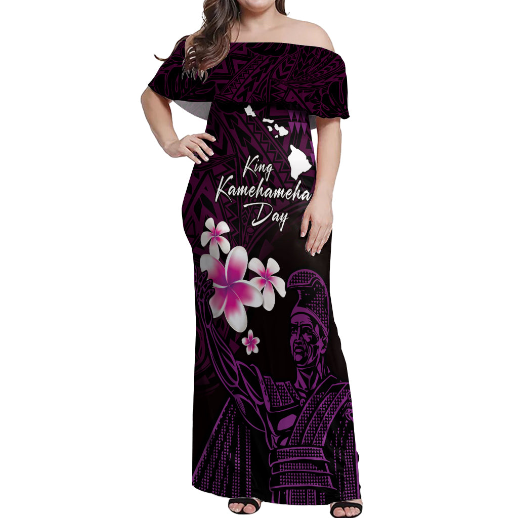 Personalised Hawaii King Kamehameha Day Off Shoulder Maxi Dress Plumeria With Kakau Pattern - Purple