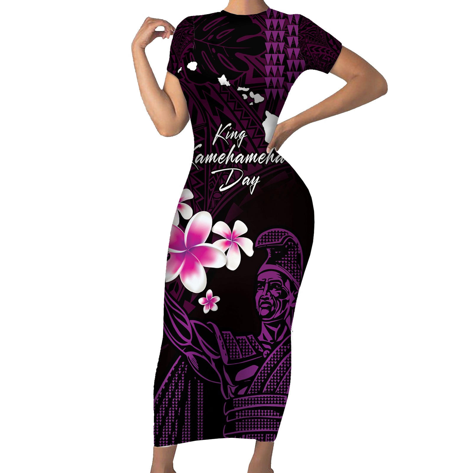 Personalised Hawaii King Kamehameha Day Short Sleeve Bodycon Dress Plumeria With Kakau Pattern - Purple