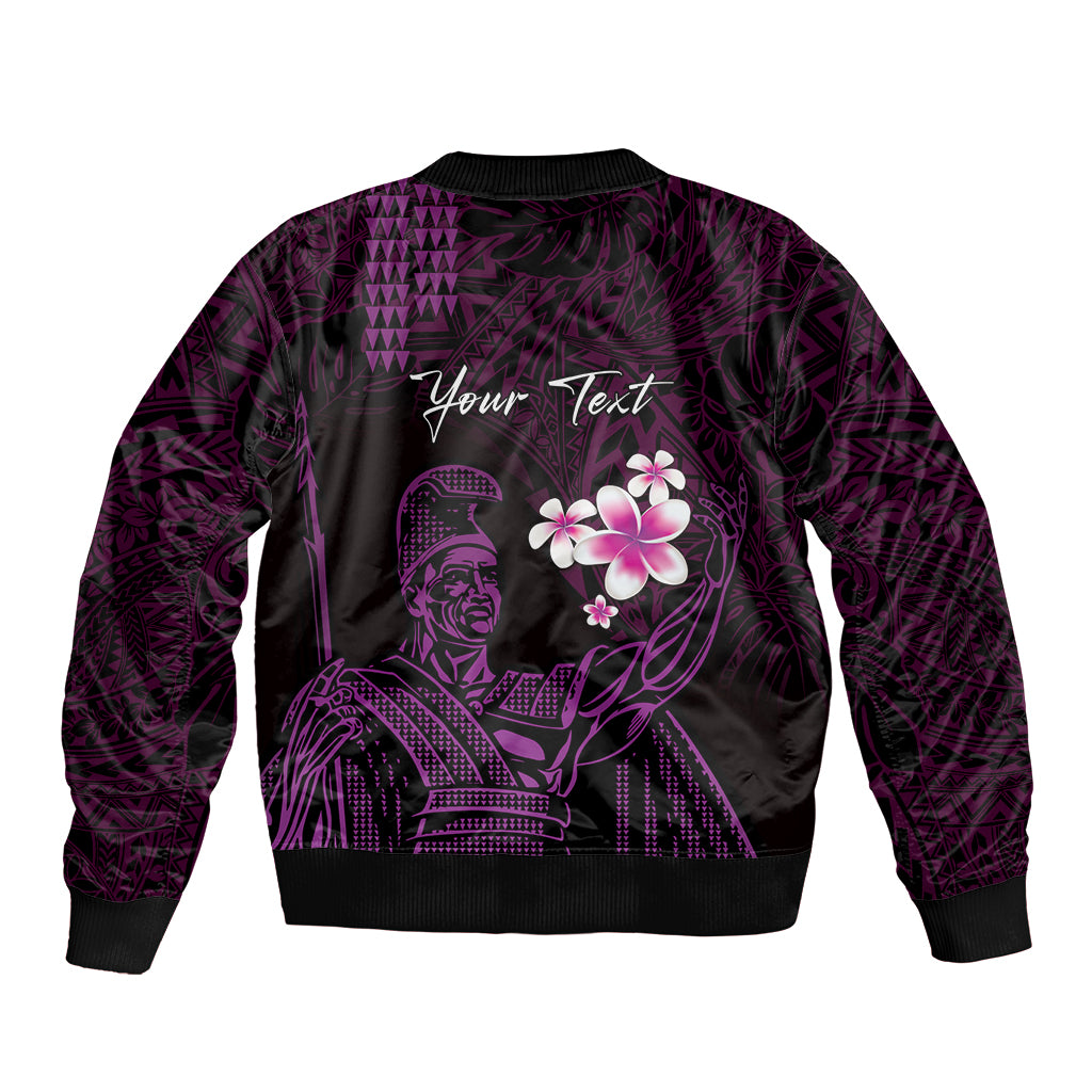 Personalised Hawaii King Kamehameha Day Sleeve Zip Bomber Jacket Plumeria With Kakau Pattern - Purple